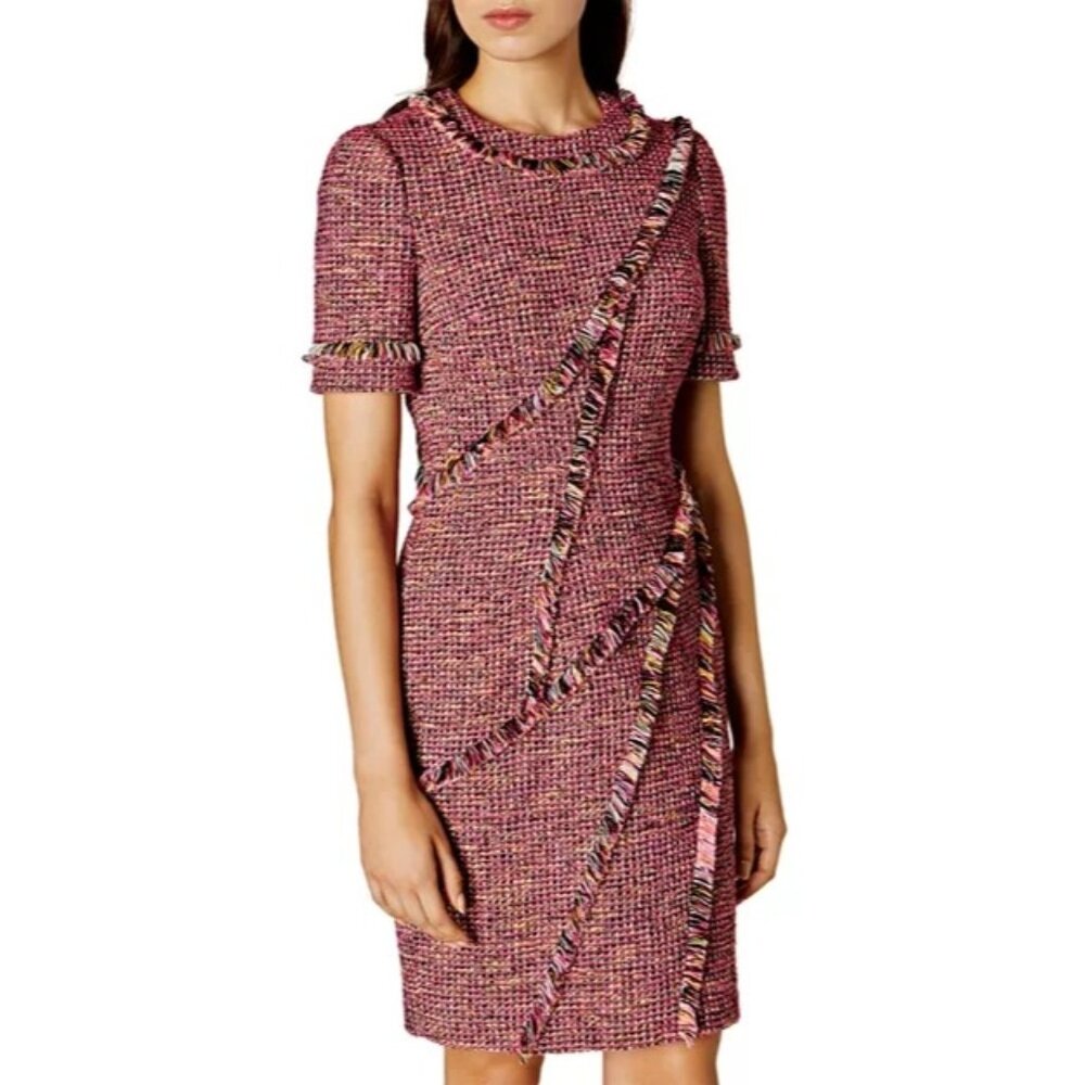 Karen Millen Womens Tweed Fringe Sheath Dress Pink Black Short Sleeve size 4